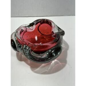 Gorgeous MURANO Art Glass Ashtray Bowl Bubbles‎ Red Clear Ash Tray Dish Heavy